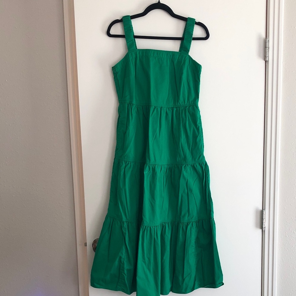 Free Assembly Women’s Green Cotton Tiered Midi Dress with Pockets Sz Small